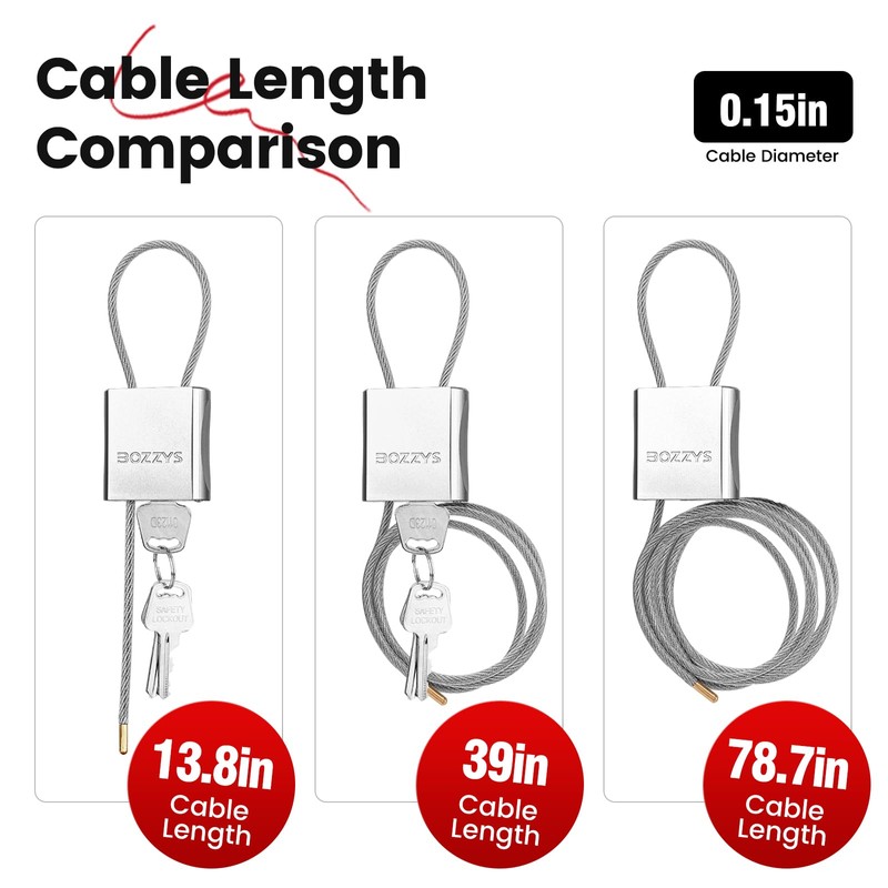 BOZZYS Cable Padlock with 3 Keys | L 1.15ft(0.35m),D 1/6in(4mm)