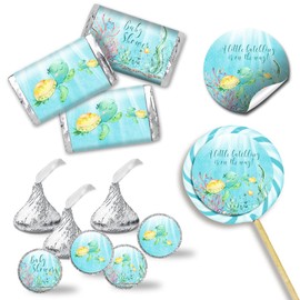 Little Hatchling Cute Sea Turtle Sea Life Baby Shower Sticker Bundle Kit - 429 pieces!!! Includes 60 2" Circle Stickers for Favors & Goodie Bags, 45 Mini Candy Bar Wrappers & 324 Round Candy Kiss Stickers by Amanda Creation