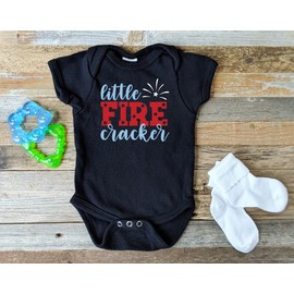 Little Firecracker Onesie, First Fourth of July Onesie Boy, 1st 4th of July Baby Girl Outfit, Patriotic Shirt For Baby, Red White Blue, Made in the USA (6-9 month, White onesie)