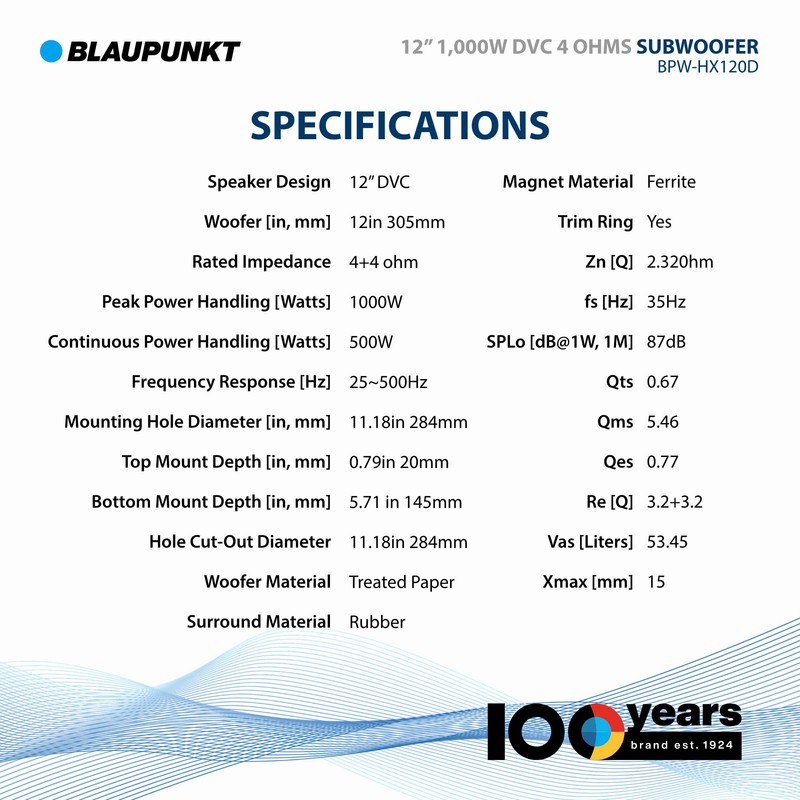 BLAUPUNKT BPW-HX120D 12" 1000W DVC Car Subwoofer Audio Speaker -