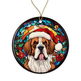 NMPCreativeStore St Bernard Santa Hat Stained Glass Ornament - Xmas Ornament Gift for Dog Lovers - St Bernard Merry Christmas - Love Pets Gift - Christmas Ceramic Ornament Printed on Both Sides