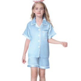 Umeyda - Conjunto de pijama para mujeres y niñas, satén suave, ligero, con botones, parte superior con pantalones cortos, pijama de 2 piezas para mamá y niños, azul (blue sky), 3 Años/4 Años