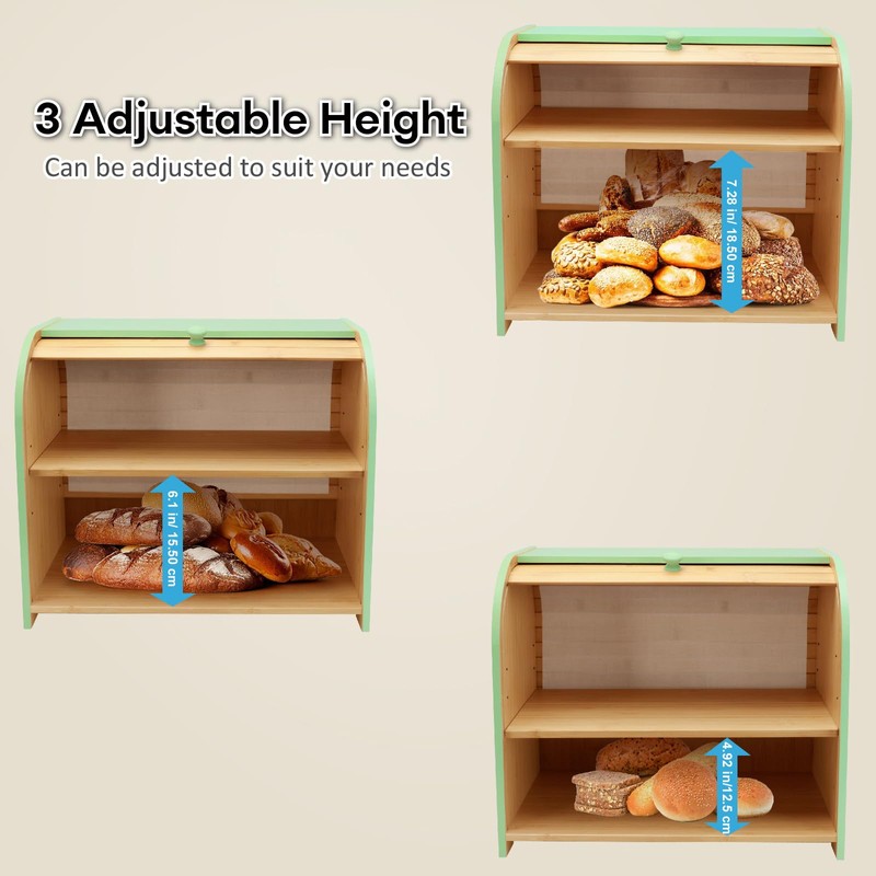 Thalomely Bread Box for Kitchen Countertop, Double Layer Bamboo Bread