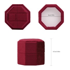 Etercycle Velvet Ring Box, Octagon Gorgeous Vintage Double Jewelry Ring Gift Box with Detachable Lid for Proposal Engagement Wedding Ceremony (Burgundy)