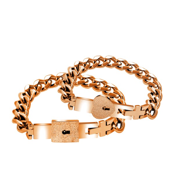 Rose Gold Plated Titanium Matching Puzzle Pair Heart Lock Bracelet