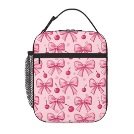 SUPLUCHOM Lunch Bag Pink Bows Cherry Insulated Bento Box Cooler with Side Pocket for Girl Boy Women Men Work School Picnic Hiking Daytrip