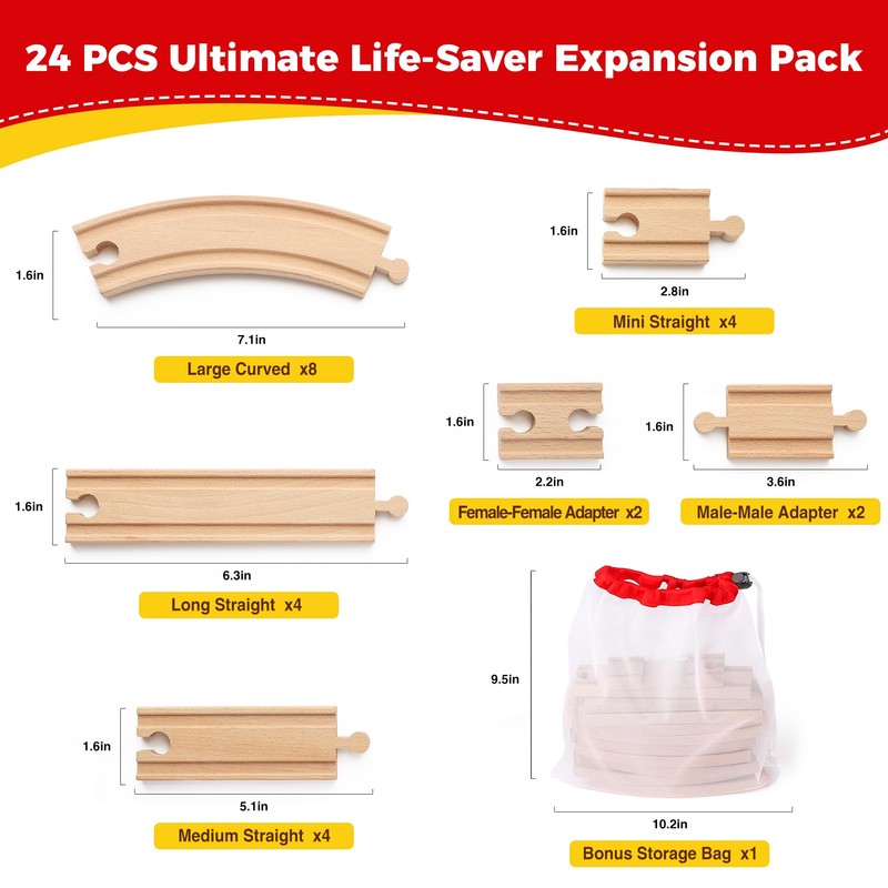 WudBudz Wooden Train Tracks 24 Pcs Set - Compatible with