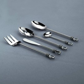 Gourmet Settings 5-Pieces Hostess Silverware Twist Collection Polished Metal Flatware Serving Set, Stainless Steel Kitchen Utensils Knife/Fork/Spoons