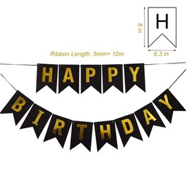 Tellpet Black HAPPY BIRTHDAY Banner with 5 pcs Gold Confetti Balloons