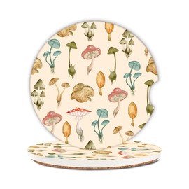 Retro Colored Mushrooms Car Coasters,Ceramic Absorbent Cup Holders with Finger Notch & Cork Base Car Assecories for Women/Men 2.6"(2 Pieces)