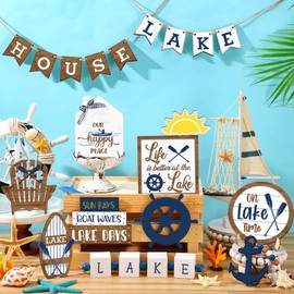 Mifoci 19 Pcs Summer Lake Tiered Tray Decor Set Farmhouse Wood Summer Ocean Boat Anchor Table Decorations Tabletop Rustic Wooden Table Signs for Home Kitchen Decoration