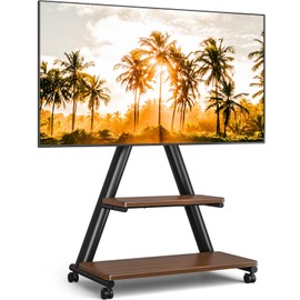 TVON Rolling TV Stand for 43-80" TV, Portable TV Stand on Wheels with Enhanced Triangular Design up to 150lbs, Height Adjustable Mobile TV Stand with Swivel/Tilt/Storage Shelves for Outdoor Use, Brown