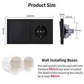 JIMEIDA Socket with Light Switch, Black, Flush-Mounted, Single 1-Way Light Switch, Smooth Skin Feel with Plug-In Terminal (Cannot Be Installed Vertically)