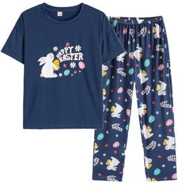 Vopmocld Big Girls' Short Sleeve Long Pants Pajama Sets 2PCS Cartoon Pattern & Letters Printed Sleepwear Lounge for Teens, Easter-Navy, 14