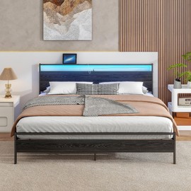 BOFENG Black King Size Bed Frame with Wood Headboard,Charging Station,LED Lights,Industrial Metal Platform Bed Frame King Size with Storage No Box Spring Needed,Heavy Duty Metal Slats,Easy Assembly