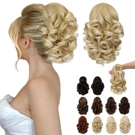 Fanguilar Ponytail Extension, 9" Short Claw Clip Ponytail Extension Curly Wavy Jaw Clip on Pony Tails Hair Extension Synthetic Hairpiece for Women, Light Blonde mix Bleach Blonde