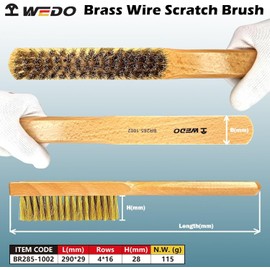 WEDO Brass Brush,Soft Brass Bristle Wire Brush,Size 290*29mm,4 Rows 16 Columns Brass Metal Brush,Wire Scratch Brush with Wood Handle,for Paint Removal,Cleaning Rust,Metal Parts Dirt Scrubbing