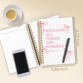 WARDOS Pink Coquette Bow Christian Spiral Notebook Journal 5.5x8.3, With God All Things Are Possible Bible Journals, Preppy Pink Prayer Christian Journal Gifts for Women, Girly Cute Notebook