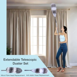Knight Telescopic Extendable Feather Duster with 1.6m Stainless Steel Handle | 2 Washable Replacement Heads -Microfiber & Anti-Static | Perfect for High Reach Cleaning, Ceiling Fans, Blinds, Cobwebs.