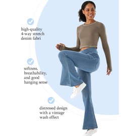 MONCCIZA Bell Bottom Jeans for Women High Waisted Stretchy Flare Jeans Pull On Crossover Wide Leg Flared Pants with Pockets Light Blue