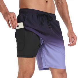 SONGDAI Summer Mens Swimming Trunks Fashionable Vacation Beach Board Shorts Four Corner Swim Short Inner Lining Pocket Swimwear Short-Black Purple gradient-2XL