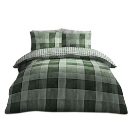 VELVETIO Denim Check Beddings Duvet Cover and Pillowcase, Soft Reversible Tartan Checked Quilt, Breathable Printed Blocks Checkered Lightweight Bed linen Comforter Set, Single Size, Green
