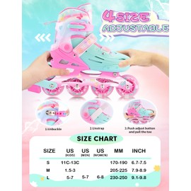 2PM SPORTS Kids Inline Skates for Girls Age 4-8 5-8 6-12 8-12 with Light Up Wheels, Adjustable Inline Skates for Women Youth Female Outdoor Indoor Size 11C 1 2 3 4 5 6 7 8 Pink Green Butterfly