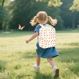 Mini Corduroy Backpack Bookbag School Bag for Toddlers Girls Preschool Daycare Kindergarten 13'' H Lightweight Fits for Folder(Strawberry Daisy-Beige Corduroy)