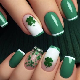 St.Patrick's Day Press-On Nails Short Fake Nails with Lucky Clover Designs Glossy Green and White Gradient Acrylic Full Cover Green Day Rhinestone Glue on Nails Holiday Stick on Nails for Women 24PCS