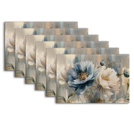 Flower Placemats Set of 6,Flower on Marble Heat Resistant Kitchen Table Mats for Indoor and Outdoor,Washable Wipe Clean Dining Placemat 12 x 18 Inches