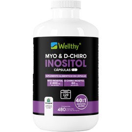 Wellthy Myo & D-Chiro Inositol 480 Cápsulas. Mezcla Óptima 40:1, 2400mg Myo Inositol y 60mg D-Chiro Inositol, Ingredientes 100% Naturales, 4 Meses de Consumo, Gluten Free, Sugar Free, Vegan.