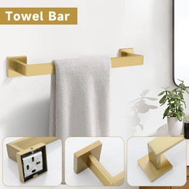 Brushed Gold 5 Pieces Bathroom Hardware Accessories Set Towel Bar Set Towel Holder&Racks Set for Bathroom,SUS304 Stainless Steel,Wall Mounted 16-Inch