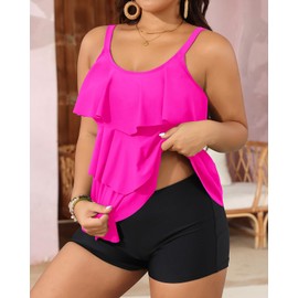 Yonique Women's Plus Size Tankini Swimsuits with Shorts Two Piece Bathing Suits Ruffle Swimsuits Tummy Control Swimwear, Hot Pink, 18 Plus
