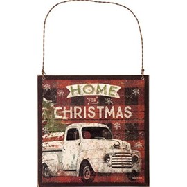 Farm Truck Christmas Ornament, Rustic Holiday Farmhouse Decor, Hanging Tree Decorations by Christmas Market Ornaments - 5" Wood Sign, White with Buffalo Plaid