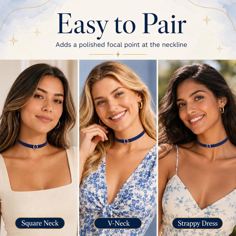 AnalysisyLove Blue Velvet Rhinestone Pendant Choker Necklace for Women