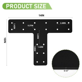 T Post Bracket 4PCS,14x10'' T Flat Mending Plate for Wood 4x4,6x6 Lumber, Black Powder Coated Heavy Duty Pergola Brackets,T Beam Bracket, T Truss Bracket,T Shape Post to Beam Connectors