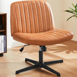 Simple Deluxe Criss Cross Legged Chair with Back Office Desk Chair PU Leathe No Wheels Comfy Wide Vanity Chair Swivel Armless Height Adjustable Chair Computer Chair for Home Officee Brown