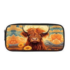 Showudesigns Highland Cow Kids Pencil Case Sunflower Purse for Girls Middle School Pencil Bag Case Holder Travel Storage Bags Big Capacity Animal Floral