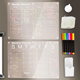 Acrylic Magnetic Calendar for Fridge - 2 Set of 12"x16" Monthly and Weekly Calendar With Pen Holder, 6 Colorful Pens, Hook and Towel
