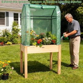 ZSYWODFO Raised Garden Bed with Greenhouse Cover,Elevated Wood Planter Box with Legs & Non-Woven Liner,34" L x18 W x 66" H Indoor Outdoor Gardening Bed for Vegetables, Herbs, Flowers