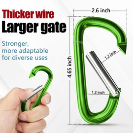 sprookber 5" Heavy Duty Aluminum Carabiners, Large D-Ring Clips, Spring Snap Hooks for Camping, Hiking, Keychain, Dog Leash (Set of 4, Green)