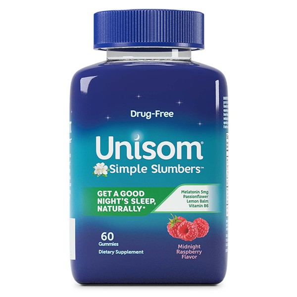 Unisom Simple Slumbers Drug Free Sleep Aid Gummies Melatonin 5mg Midnight Raspberry, Purple, 60 Count