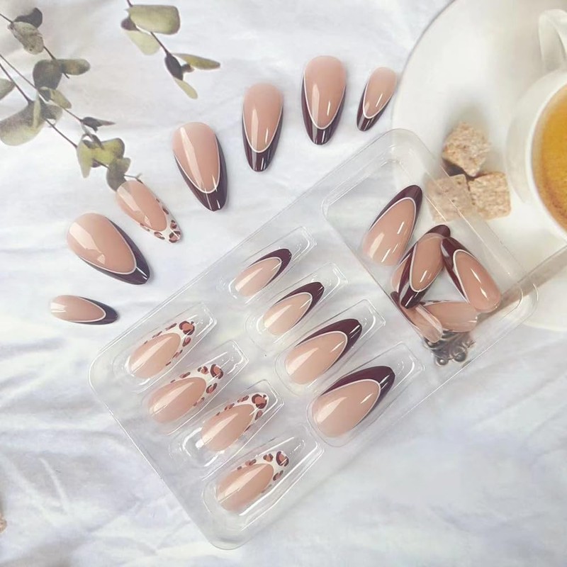24 Pieces Brown French Tip Press on Nails, Almond Shape