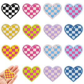Jongdari 16pcs Heart Iron On Patches for Hats, Multicolour Racing Day Checkered Embroidery Patches Sew On Patch for Clothes Trucker Hat Jacket Denim Jeans Shirt Crafts