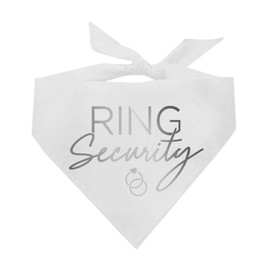 Ring Security Metallic Printed Dog Bandana | 100% Cotton Adjustable Triangle | Wedding Photo Prop | Bridal Shower | Engagement Announcement |White, Silver Foil (1314)
