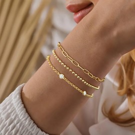 Relveo Gold Bracelets Stack for Women Waterproof Dainty 14K Gold Plated Bracelet Set Stackable Cuban Link Paperclip Chain Fashion Jewelry