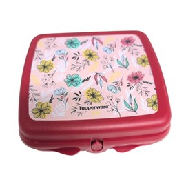 Tupperware Sandwich Box Storage Box Lunch Box Square with Hinge and Lock (Dark Red Flowers)