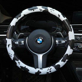 Dotesy Leather Cow Pattern Steering Wheel Cover Protector Cow Print Car Accessories Anti Slip Universal for 36.5-38cm (Black White)