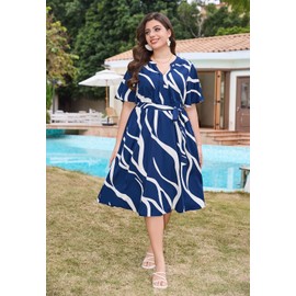 Keluummi Plus Size Summer Midi Dresses for Curvy Women, Casual Floral V Neck Empire Waist A Line Dress with Sleeve and Pocket(22 Plus, 02 - Blue Stripe)