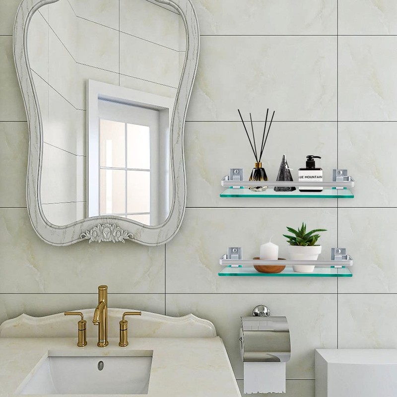Sanbege 2-Pack Tempered Glass Bathroom Shelf with Rail, 15" x